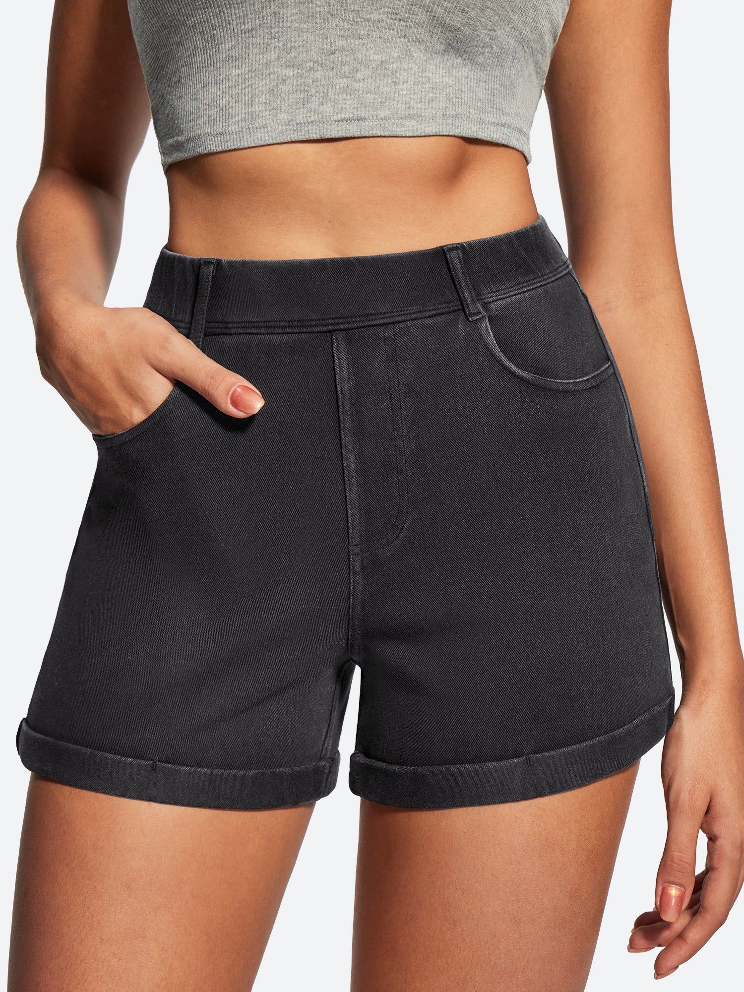 IUGA High Waisted Stretchy Tummy Control Pull On Jean Shorts