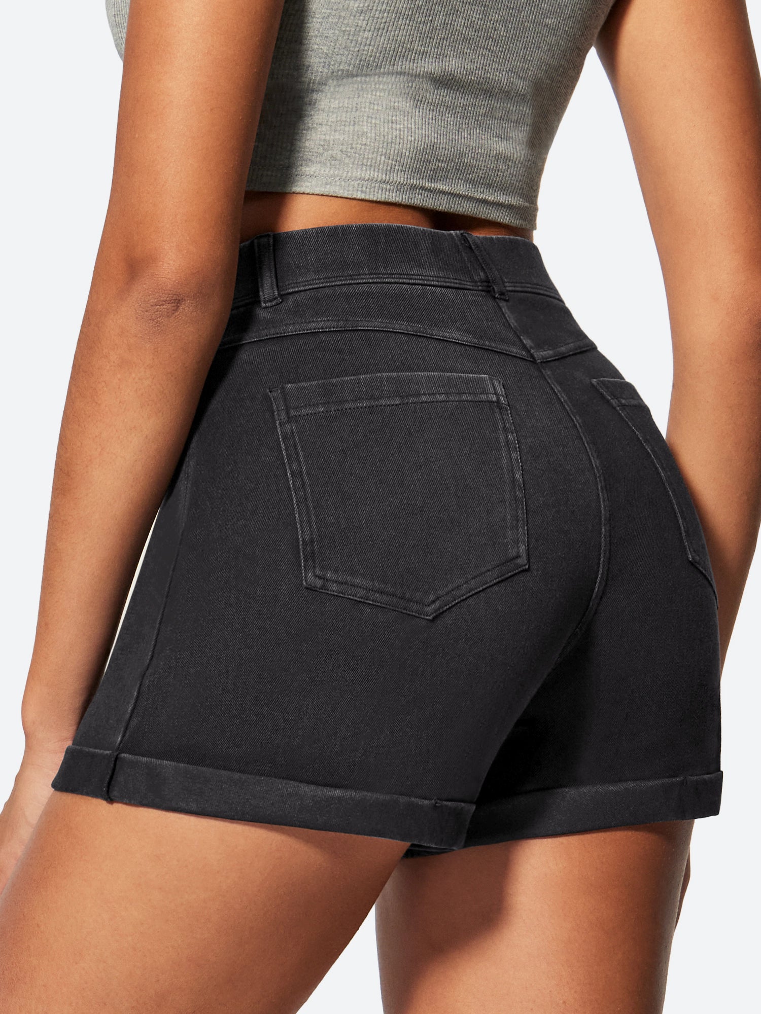 IUGA High Waisted Stretchy Tummy Control Pull On Jean Shorts