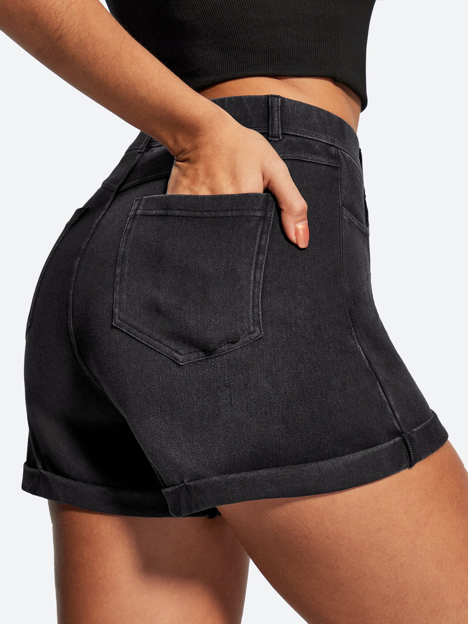 IUGA High Waisted Stretchy Tummy Control Pull On Jean Shorts