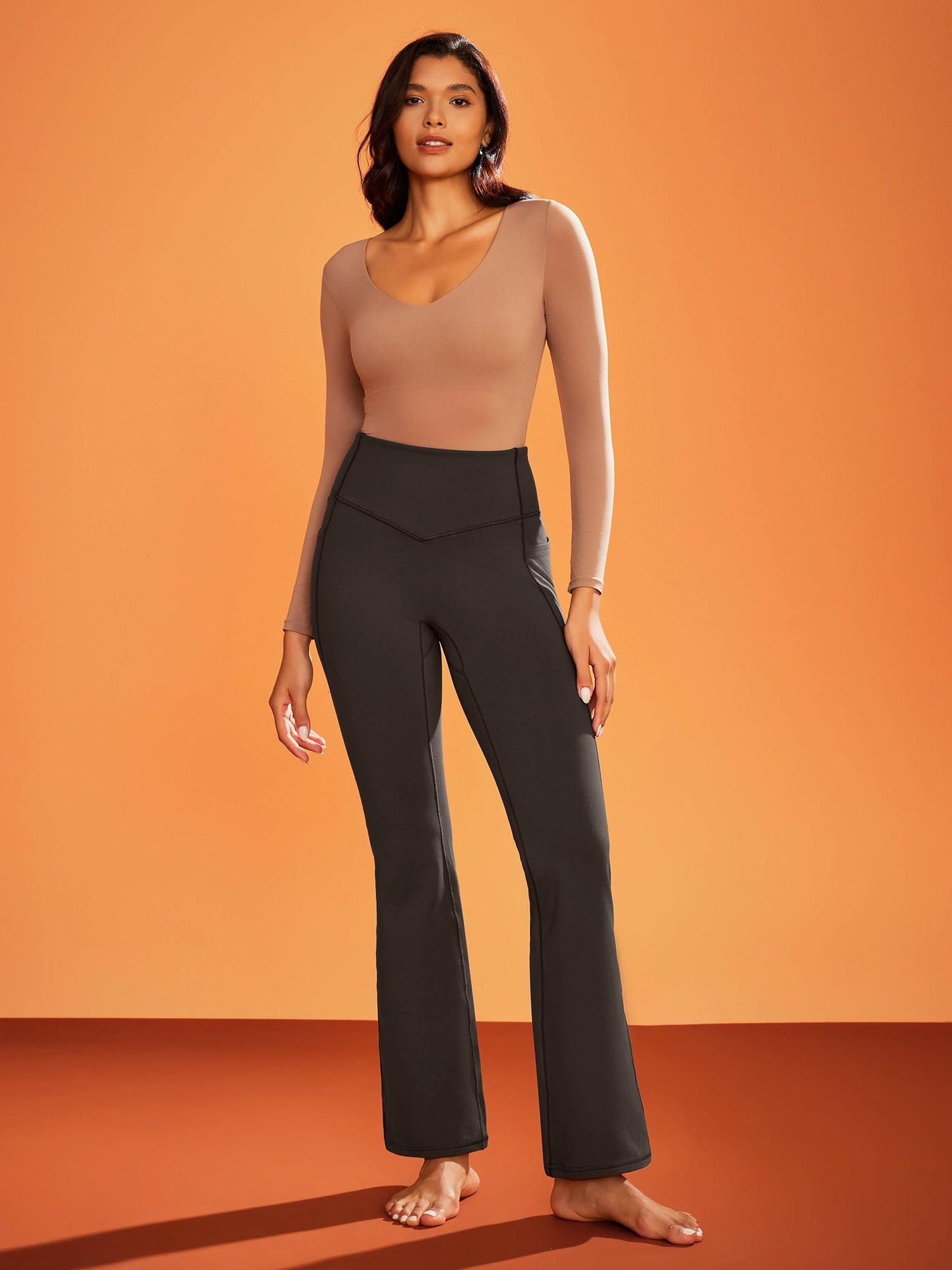 IUGA HeatLab® Sandwich Waistband No Front Seam Fleece Lined Bootcut Yoga Pants With Pockets - IUGA