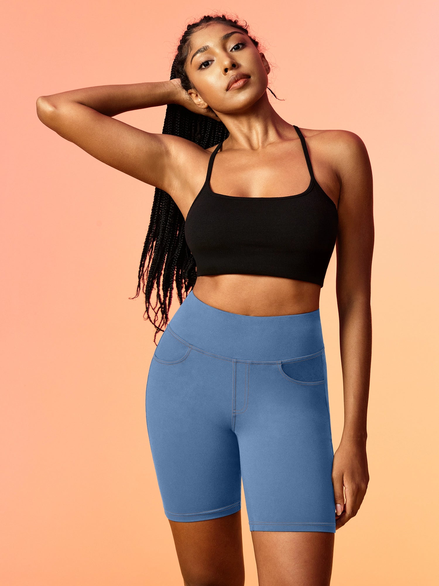 IUGA 7'' FlexTight Faux Denim High Waist Biker Shorts With Pockets