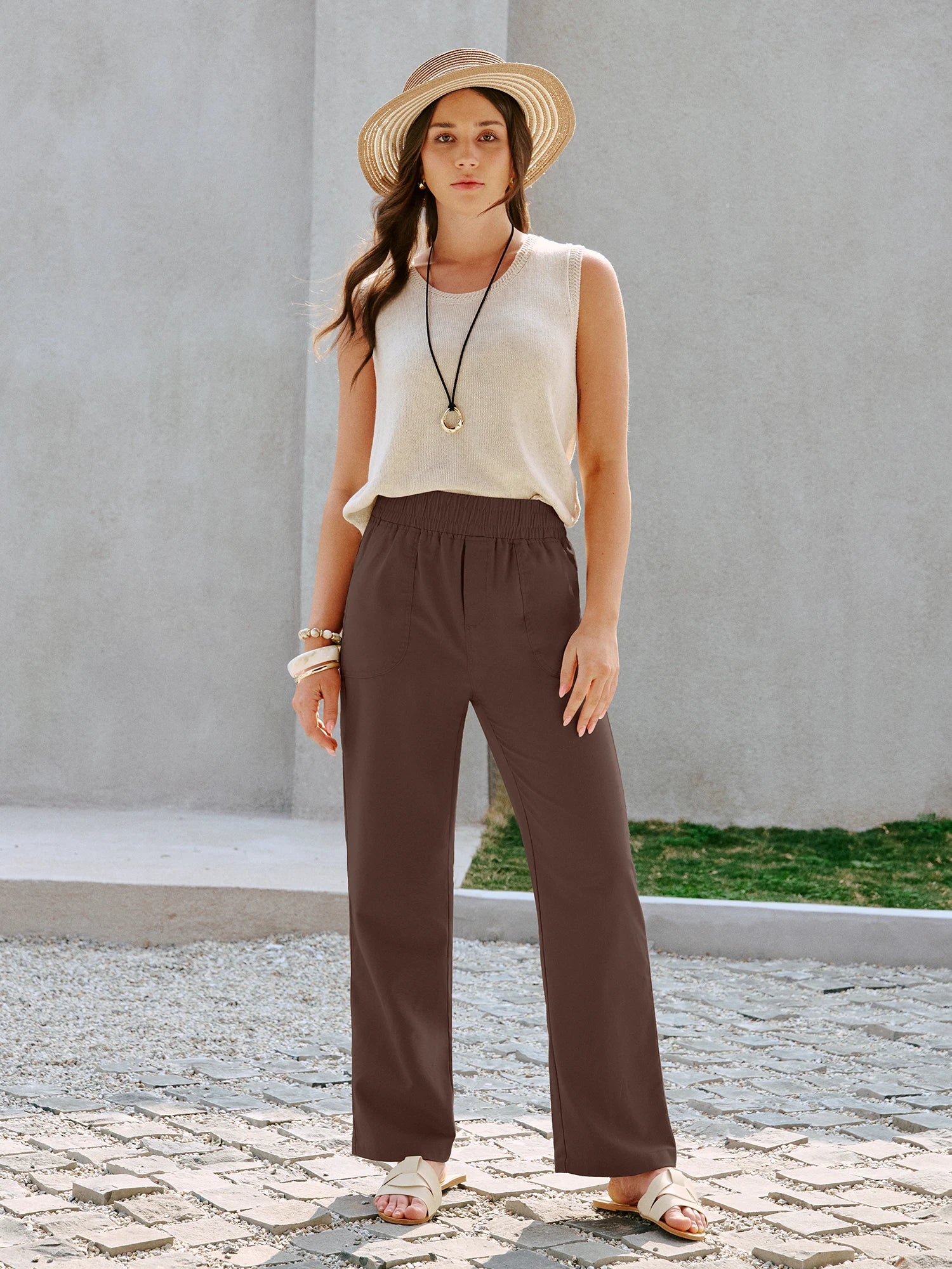 IUGA Cotton Linen Pull-On Wide Leg Pants With Pockets | Affordable Yoga Leggings & Activewear by IUGA