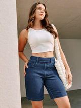 IUGA FlexDenim® Pull On High Waisted Knee Length Loose Fit Jean Shorts With Pockets | Affordable Yoga Leggings & Activewear by IUGA