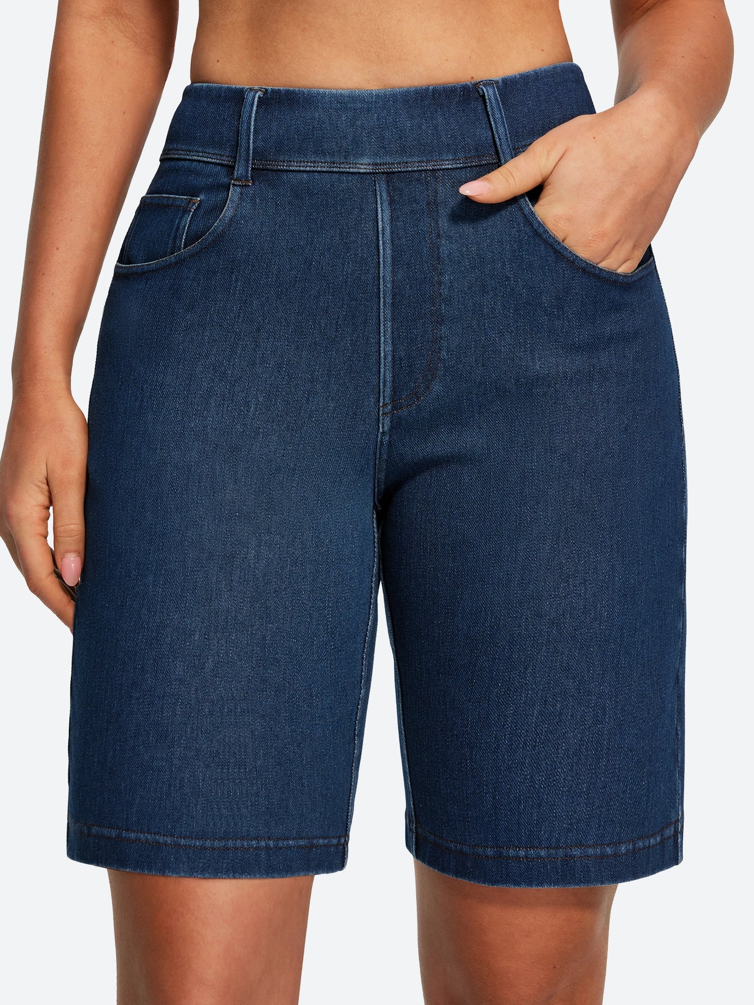 IUGA FlexDenim® Pull On High Waisted Knee Length Loose Fit Jean Shorts With Pockets | Affordable Yoga Leggings & Activewear by IUGA