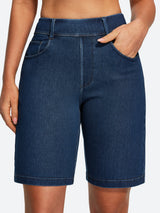 IUGA FlexDenim® Pull On High Waisted Knee Length Loose Fit Jean Shorts With Pockets | Affordable Yoga Leggings & Activewear by IUGA