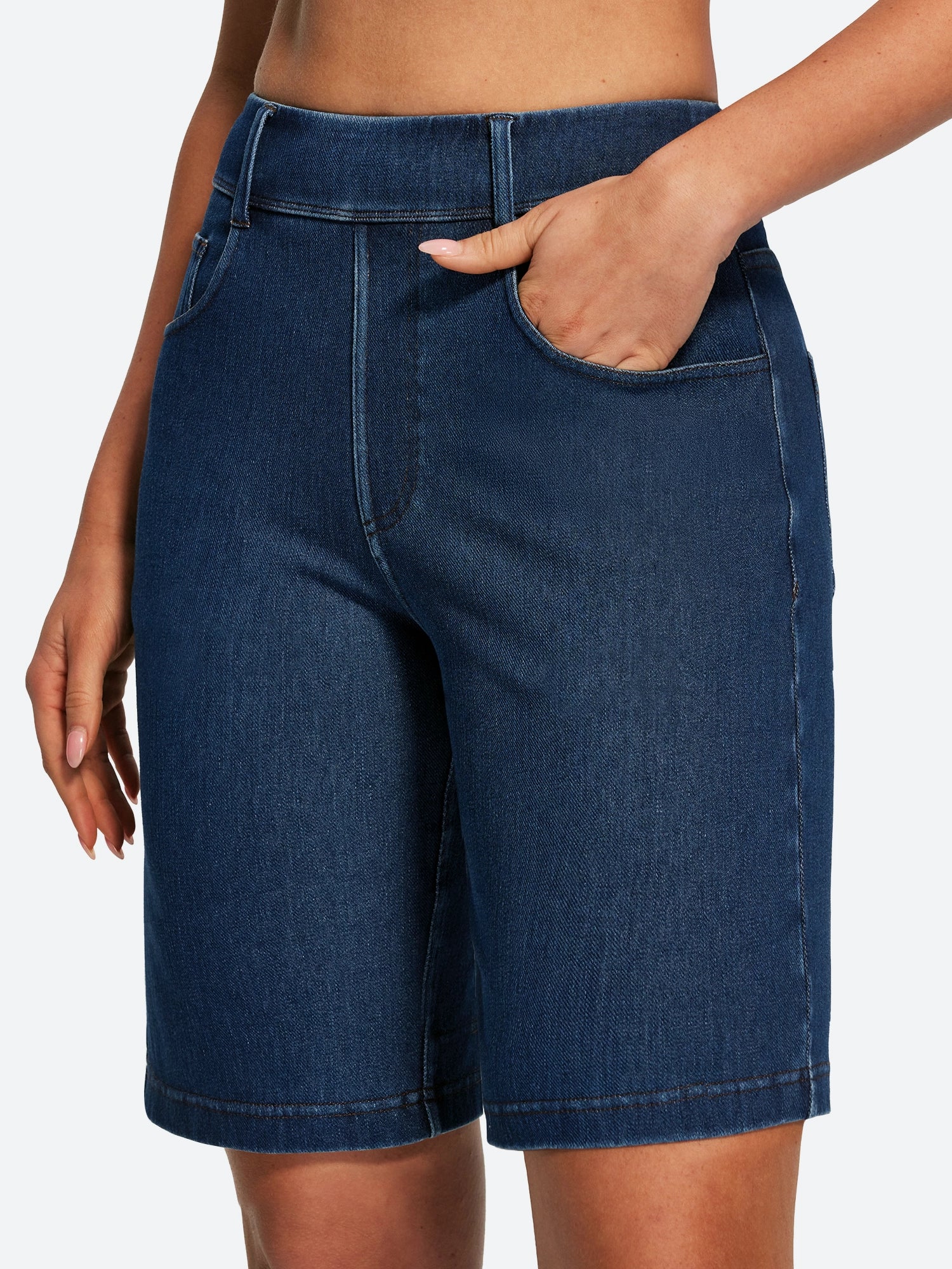 IUGA FlexDenim® Pull On High Waisted Knee Length Loose Fit Jean Shorts With Pockets | Affordable Yoga Leggings & Activewear by IUGA