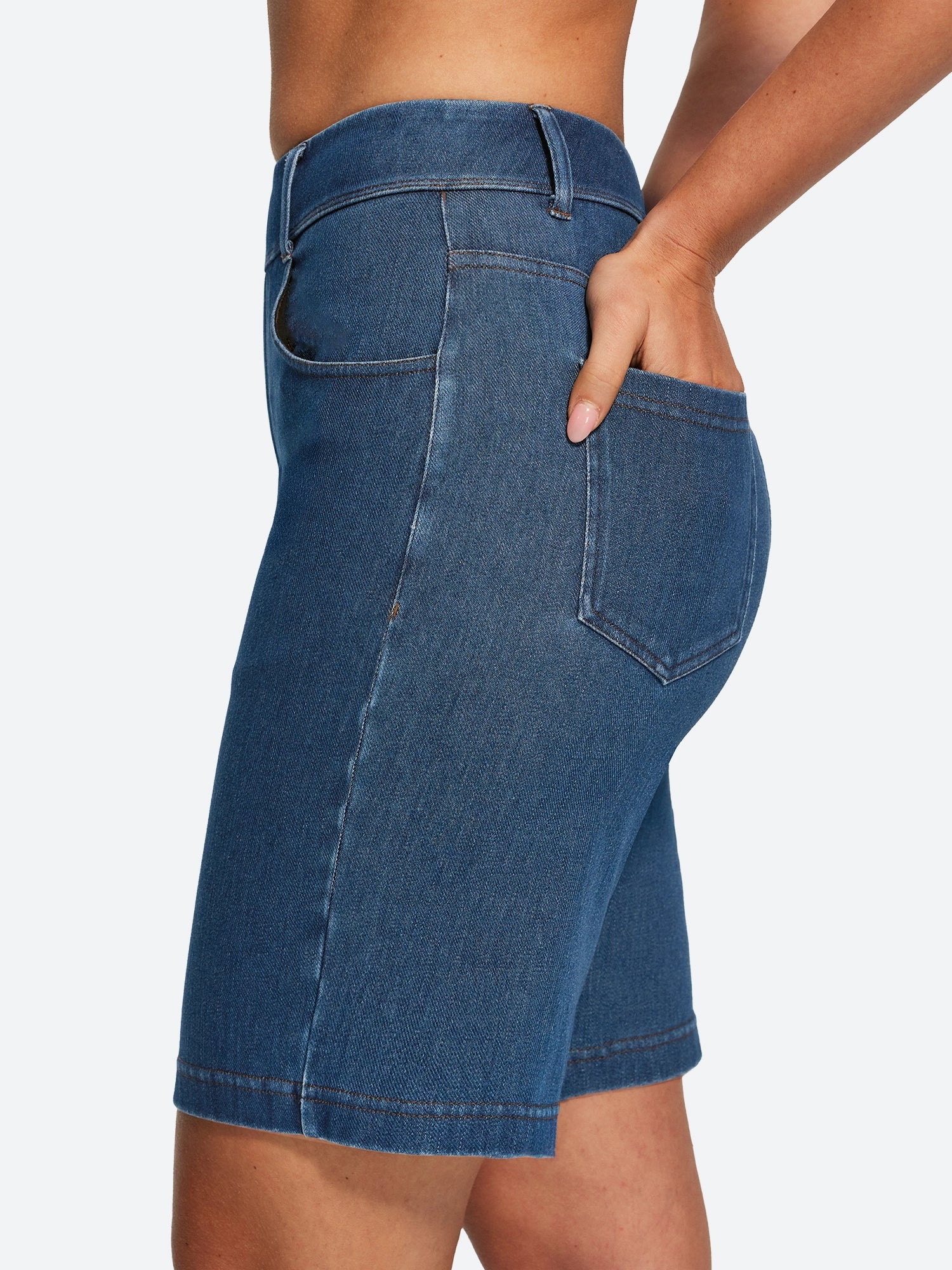 IUGA FlexDenim® Pull On High Waisted Knee Length Loose Fit Jean Shorts With Pockets | Affordable Yoga Leggings & Activewear by IUGA