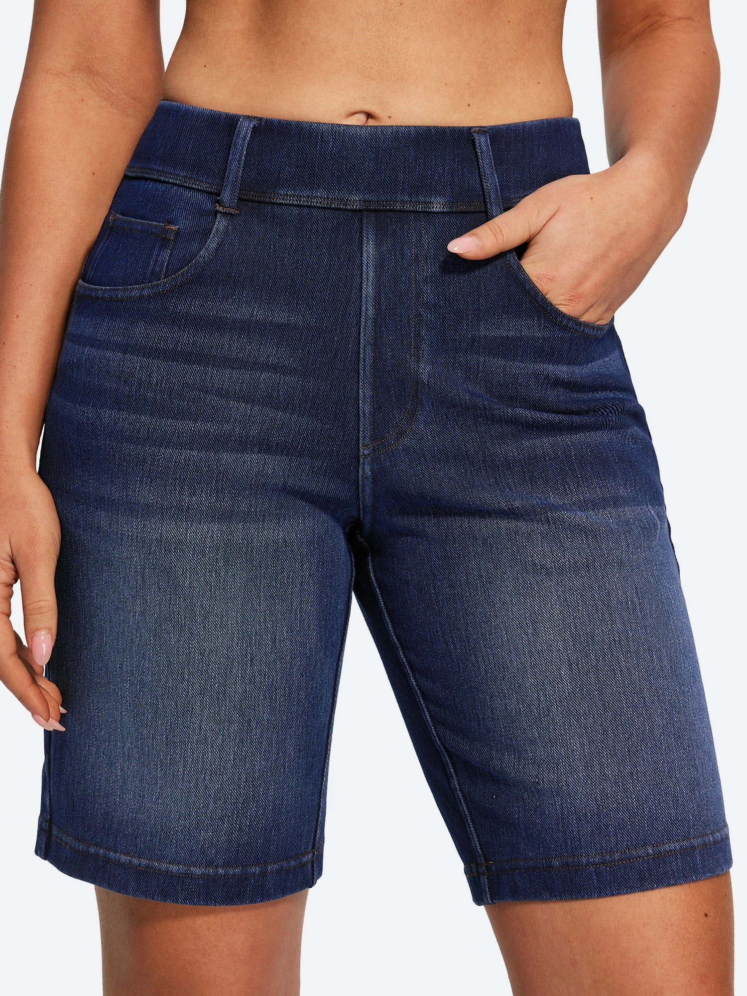 IUGA FlexDenim® Pull On High Waisted Knee Length Loose Fit Jean Shorts With Pockets | Affordable Yoga Leggings & Activewear by IUGA