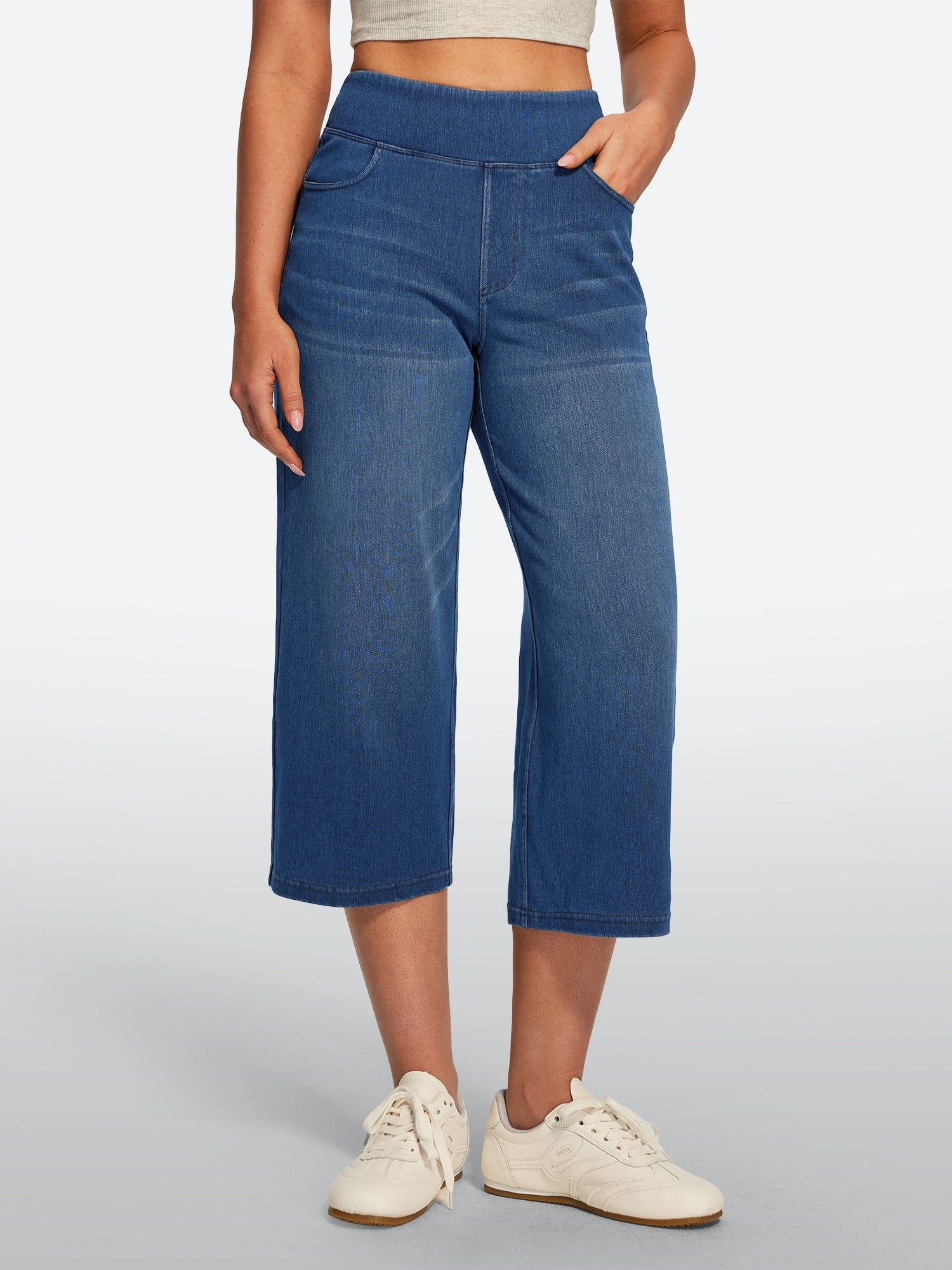 IUGA Pull On Stretchy High Waisted  Wide Leg Capri Jeans With Pockets | Affordable Yoga Leggings & Activewear by IUGA