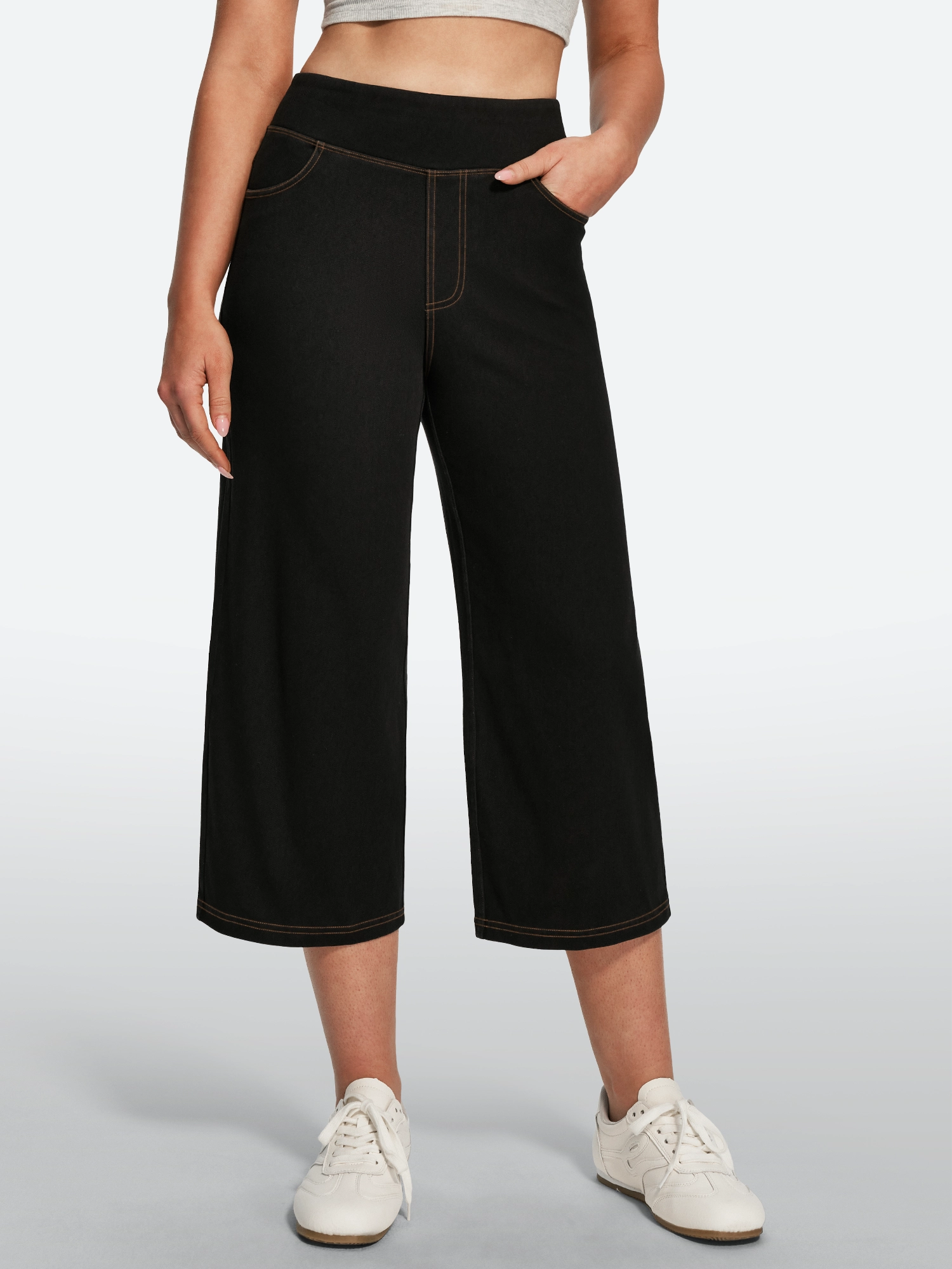 IUGA Pull On Stretchy High Waisted  Wide Leg Capri Jeans With Pockets | Affordable Yoga Leggings & Activewear by IUGA