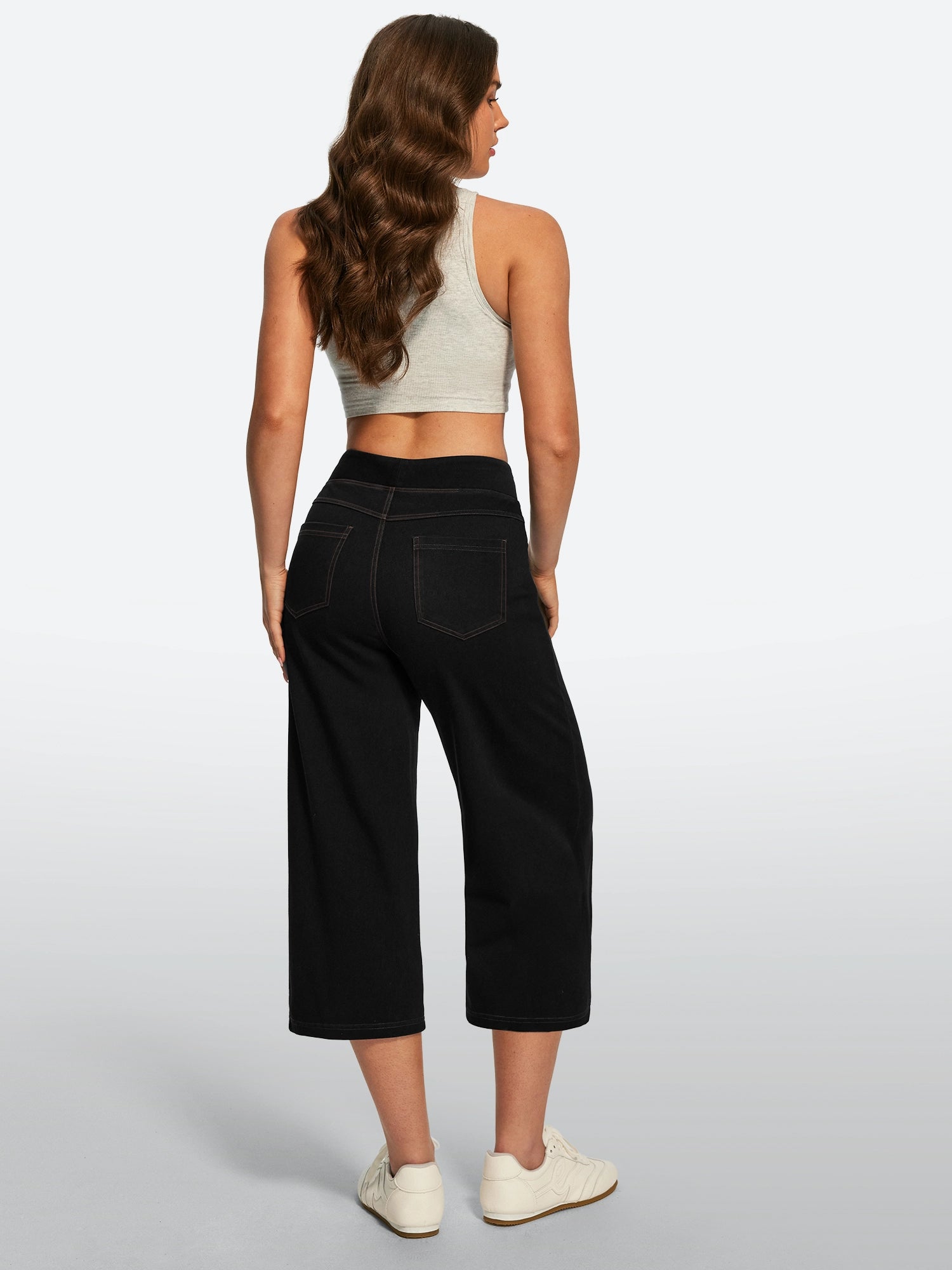 IUGA Pull On Stretchy High Waisted  Wide Leg Capri Jeans With Pockets | Affordable Yoga Leggings & Activewear by IUGA