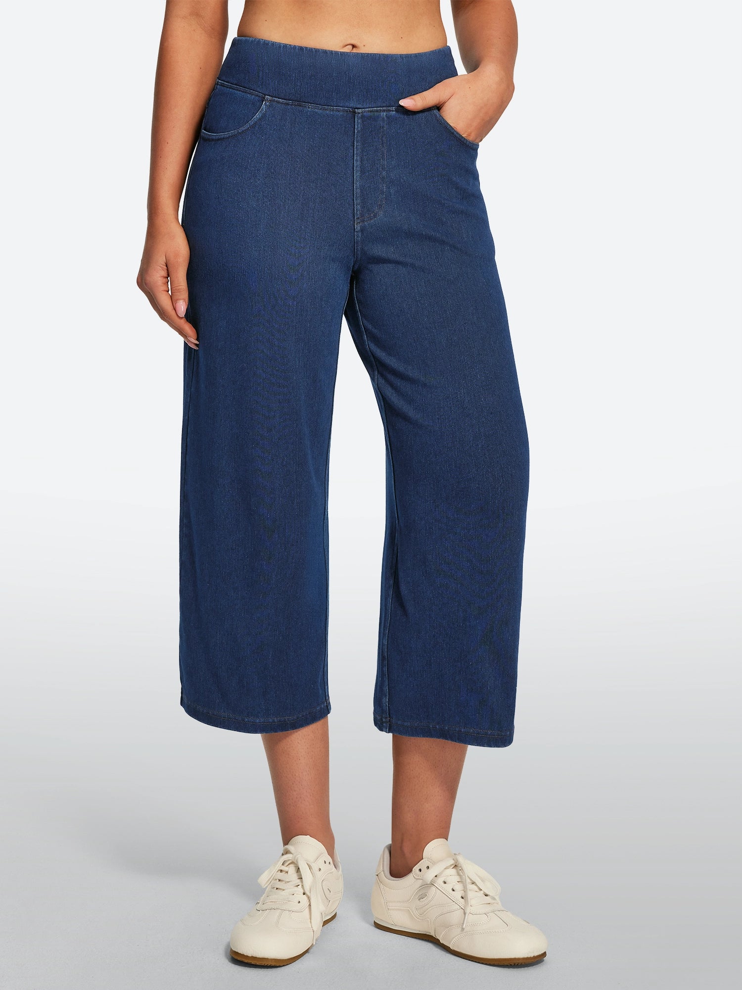 IUGA FlexDenim® Pull On Stretchy High Waisted  Wide Leg Capri Jeans With Pockets | Affordable Yoga Leggings & Activewear by IUGA