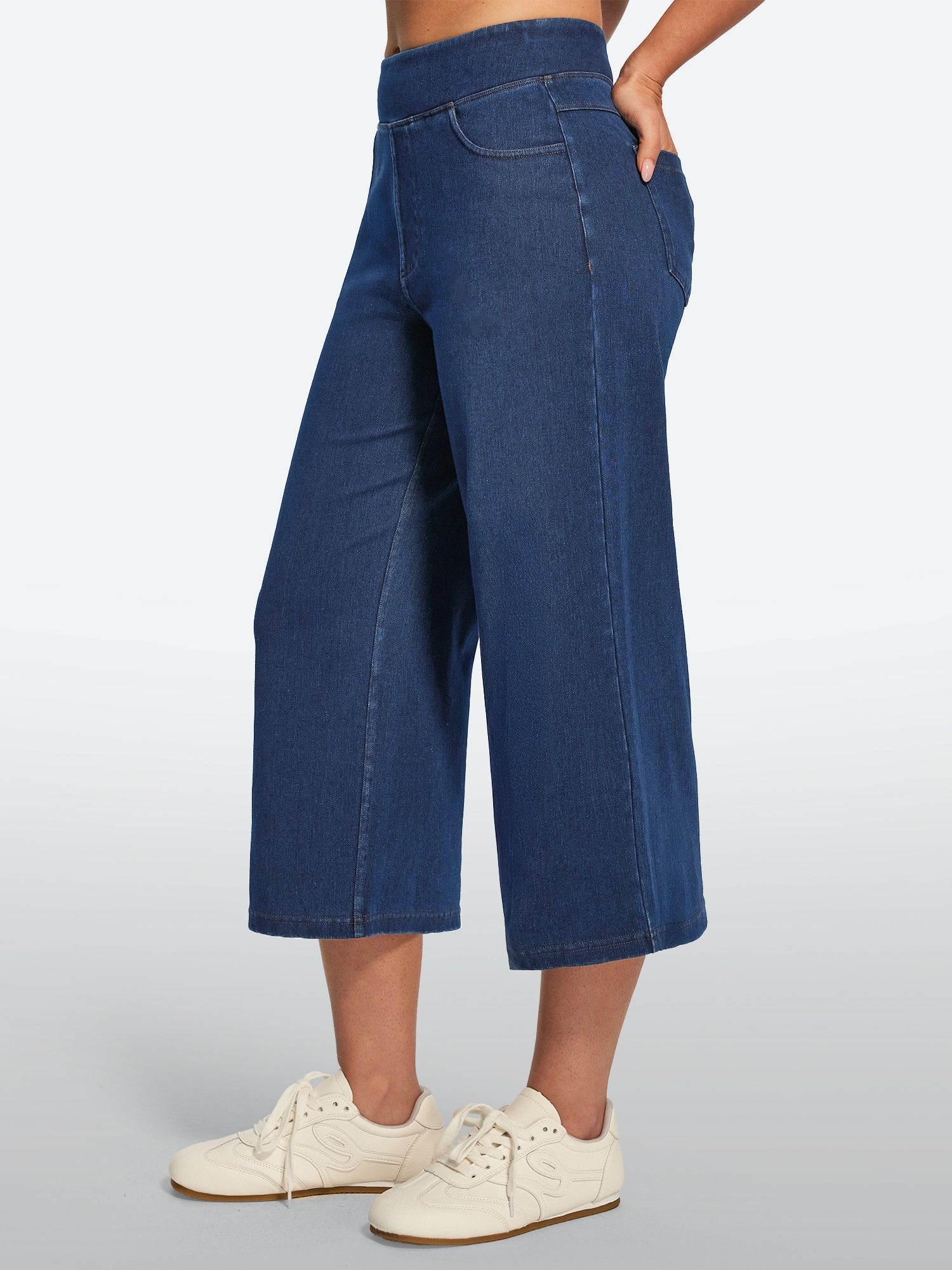 IUGA FlexDenim® Pull On Stretchy High Waisted  Wide Leg Capri Jeans With Pockets | Affordable Yoga Leggings & Activewear by IUGA