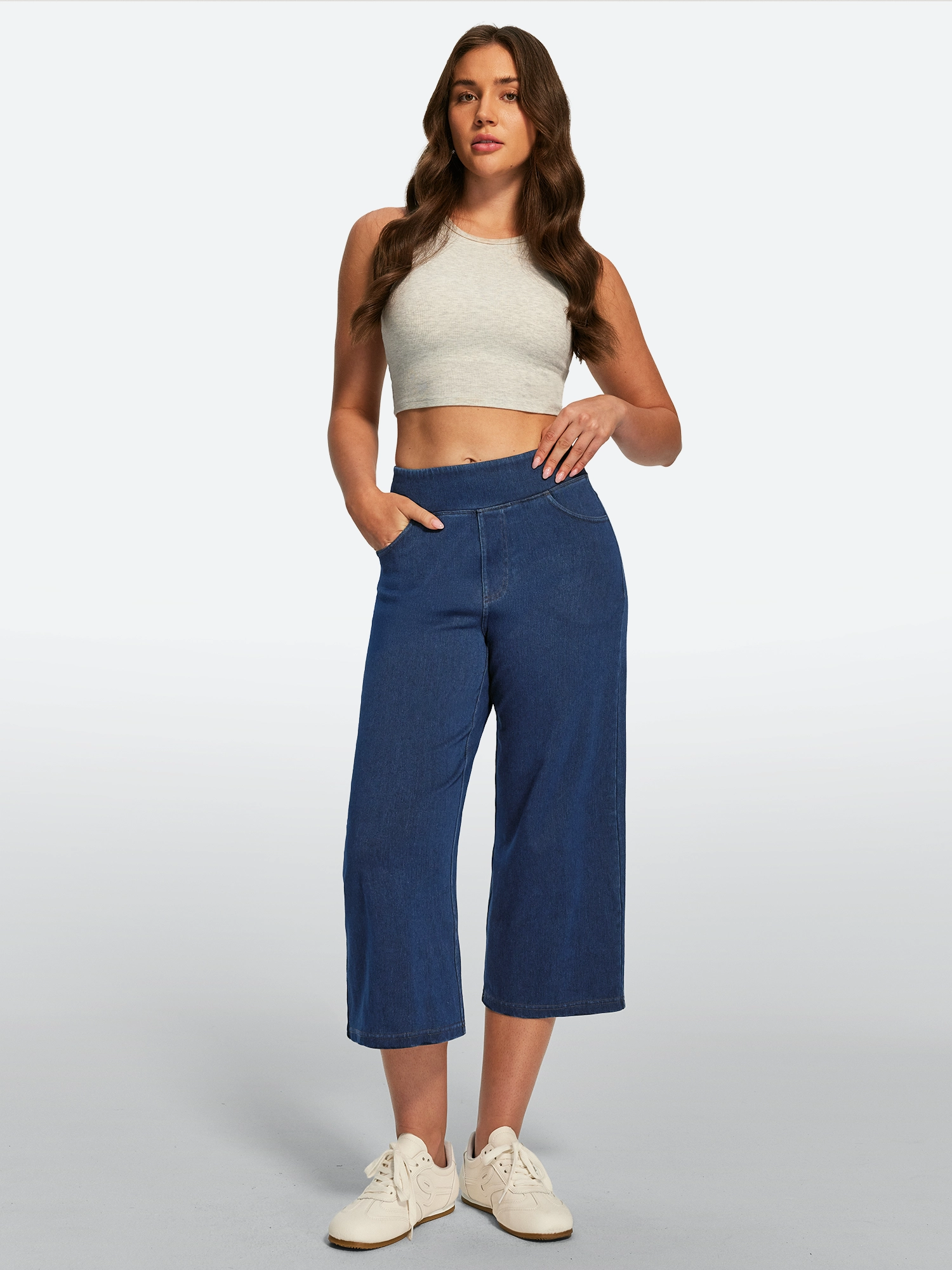 IUGA FlexDenim® Pull On Stretchy High Waisted  Wide Leg Capri Jeans With Pockets | Affordable Yoga Leggings & Activewear by IUGA