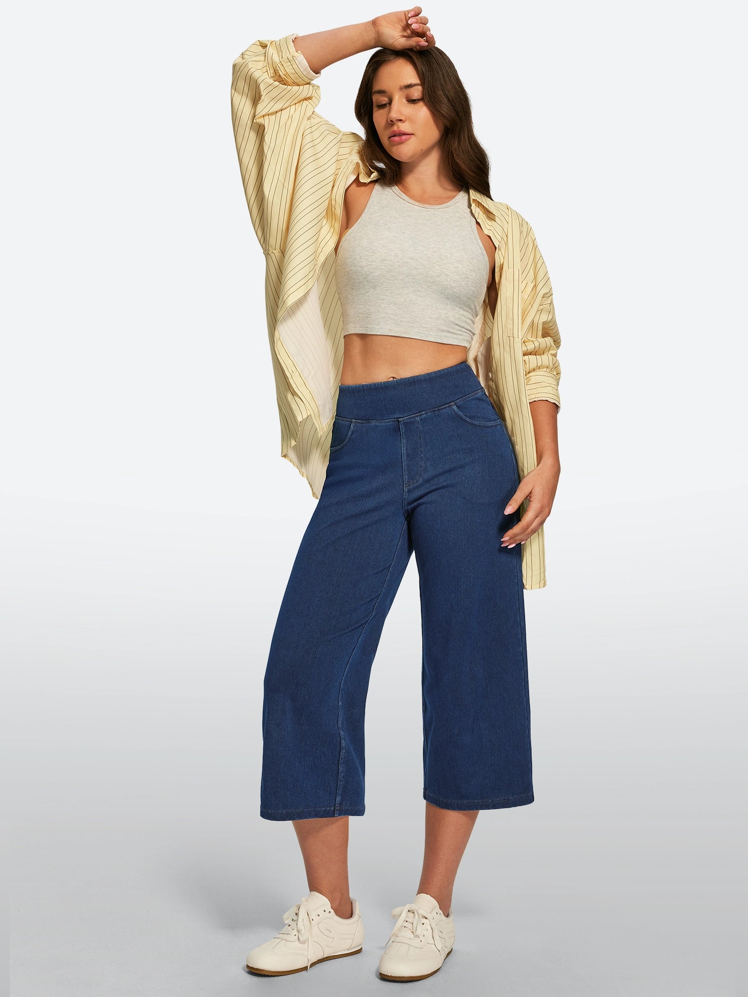 IUGA FlexDenim® Pull On Stretchy High Waisted  Wide Leg Capri Jeans With Pockets | Affordable Yoga Leggings & Activewear by IUGA