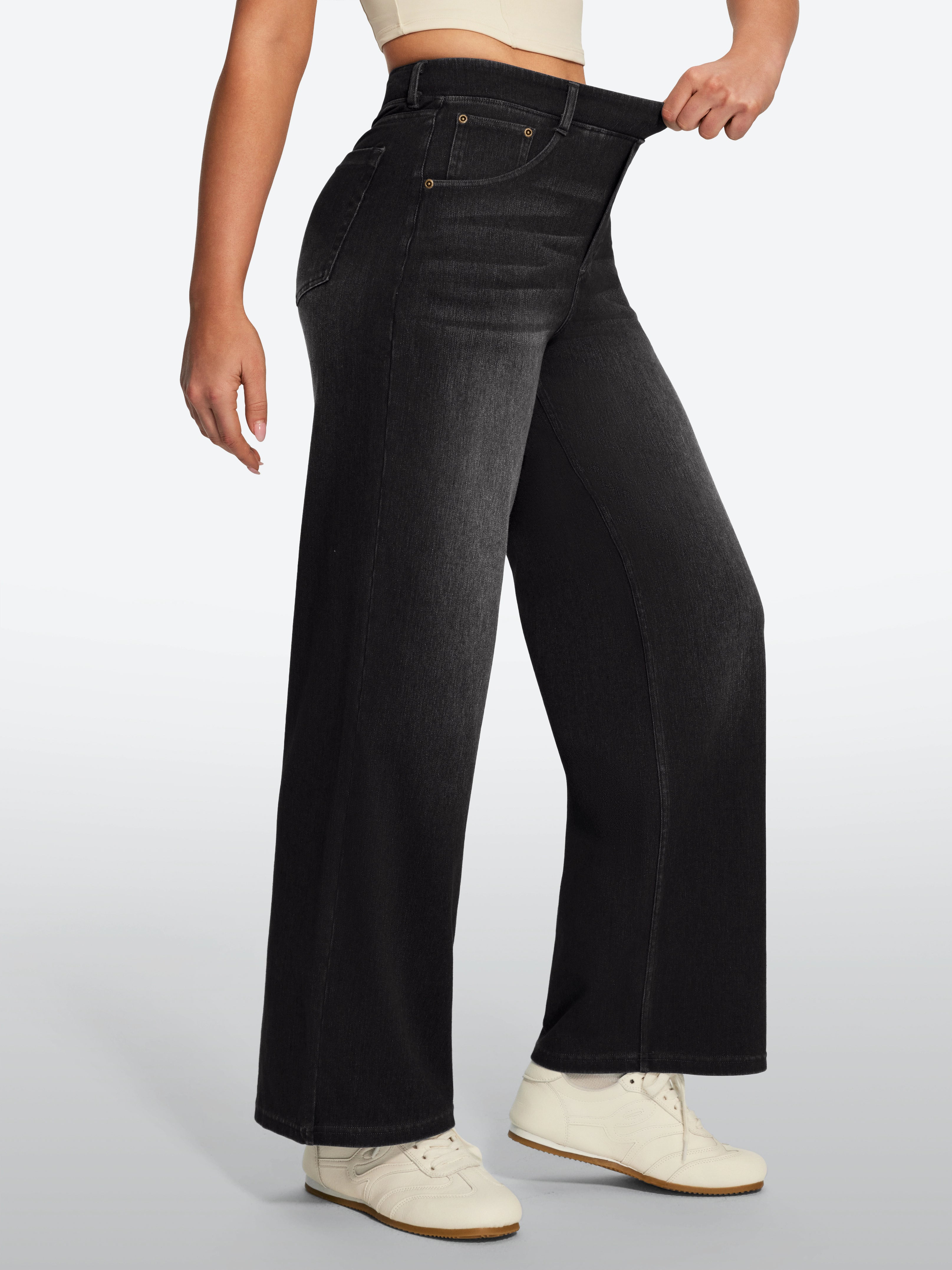 IUGA FlexDenim® High Waisted Pull On Tummy Control Wide Leg Jeans With Pockets