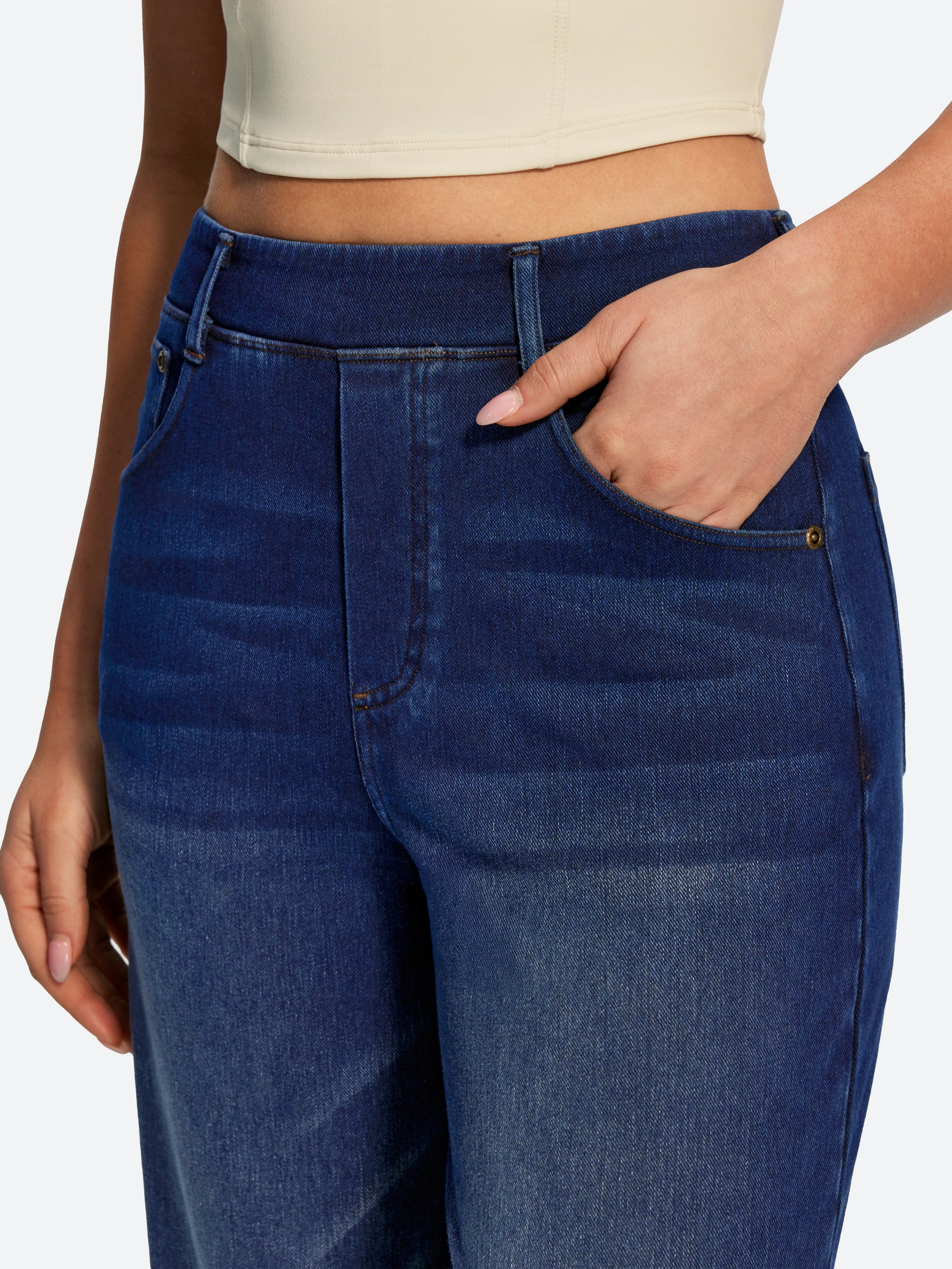 IUGA FlexDenim® High Waisted Pull On Tummy Control Wide Leg Jeans With Pockets