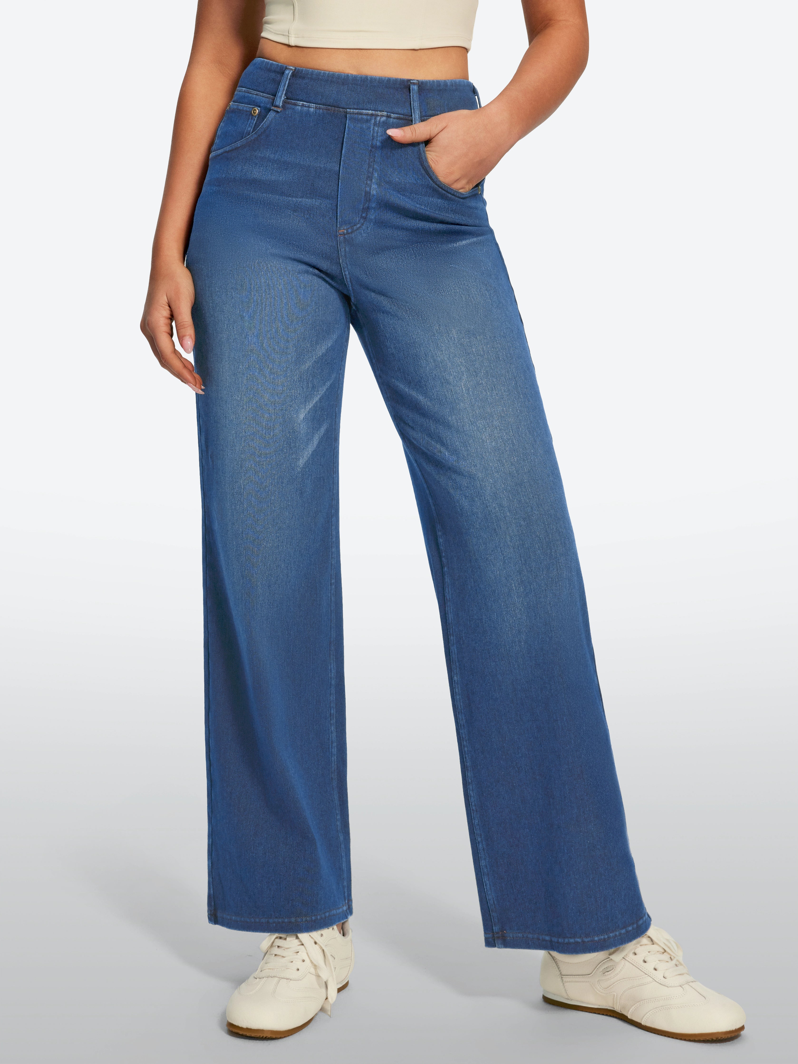 IUGA FlexDenim® High Waisted Pull On Tummy Control Wide Leg Jeans With Pockets