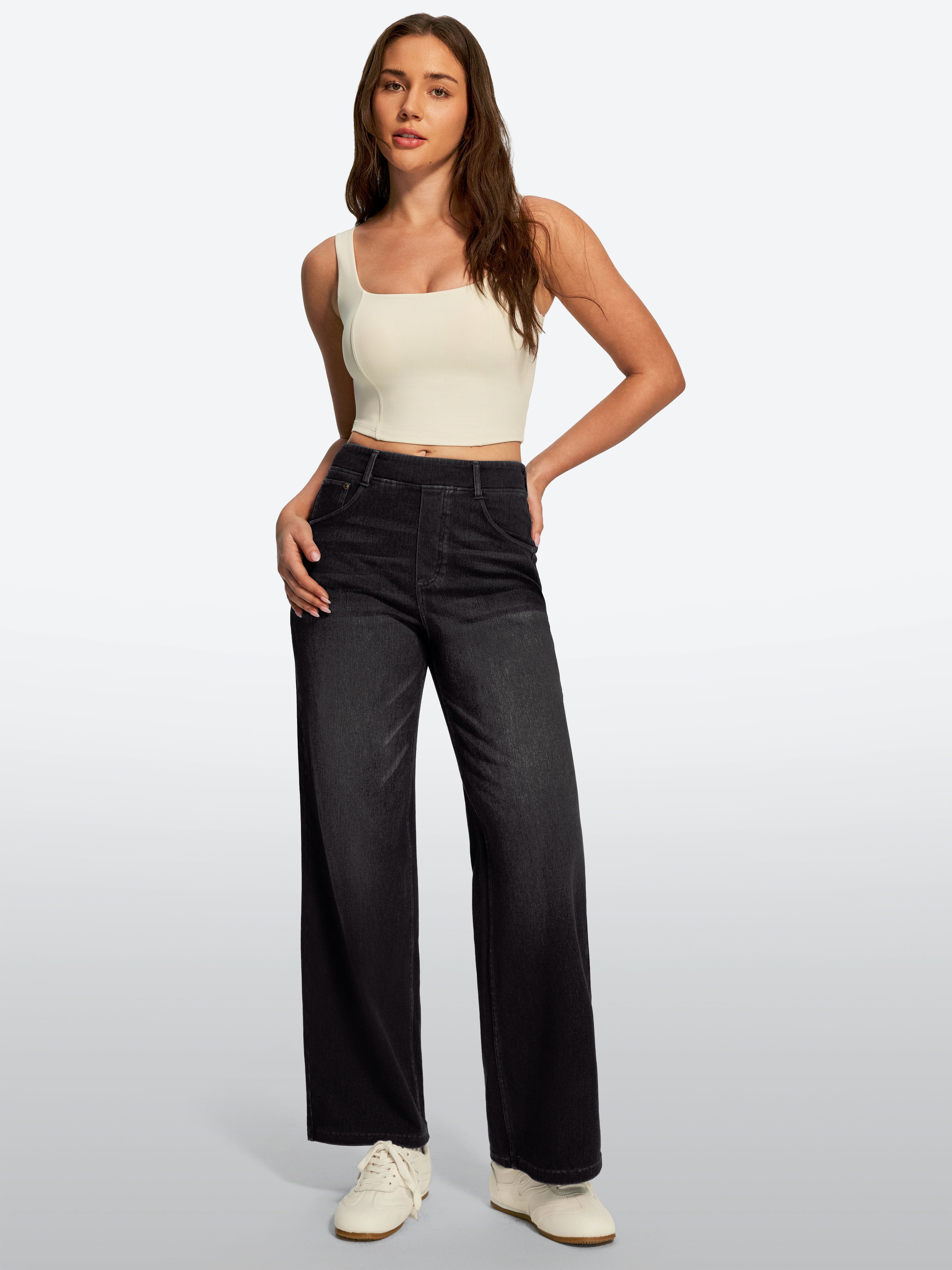 IUGA FlexDenim® High Waisted Pull On Tummy Control Wide Leg Jeans With Pockets