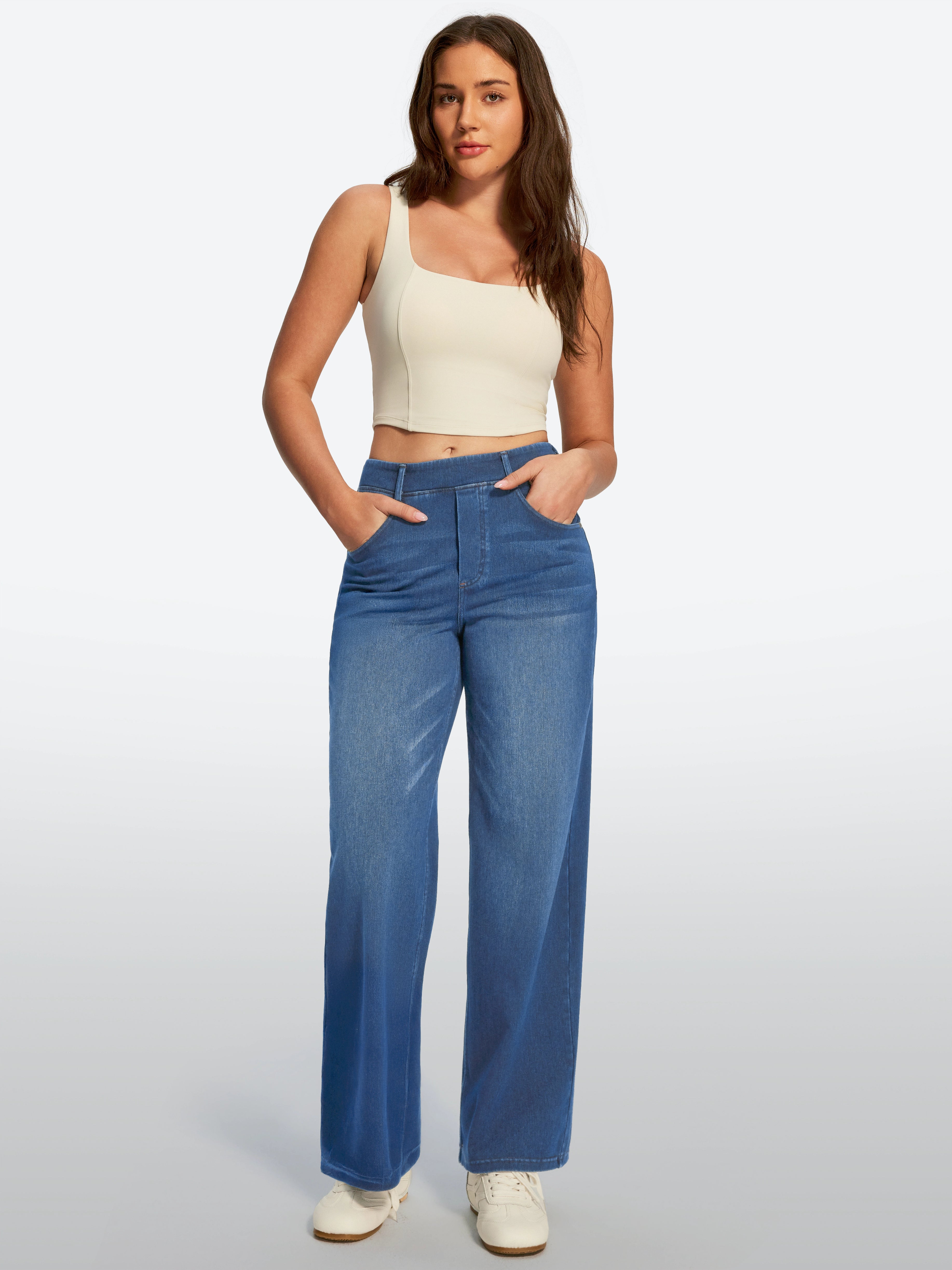 IUGA FlexDenim® High Waisted Pull On Tummy Control Wide Leg Jeans With Pockets