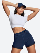 IUGA High Waisted Stretchy Tummy Control Pull On Jean Shorts